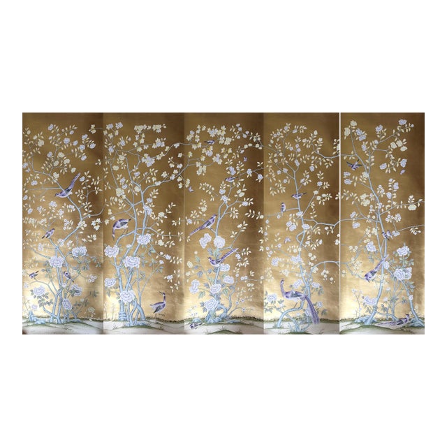 Gold Leaf Chinoiserie Hand-Painted Purple Bird & Floral Wall Panels (Set of 5) For Sale