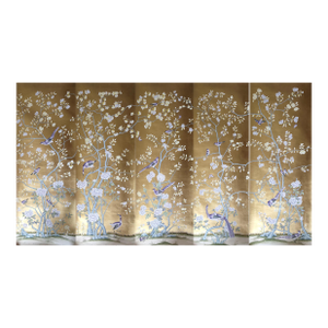Gold Leaf Chinoiserie Hand-Painted Purple Bird & Floral Wall Panels (Set of 5)