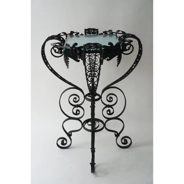 Early 20th Century Spanish Colonial Style Garden Pedestal of Wrought Iron and 3/4" thick glass top was from a Mizner Palm...