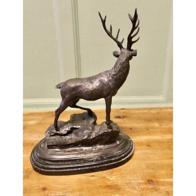 Bronze Sculpture of a Stag Standing on a Rock on a Marble Plinth For Sale - Image 3 of 8