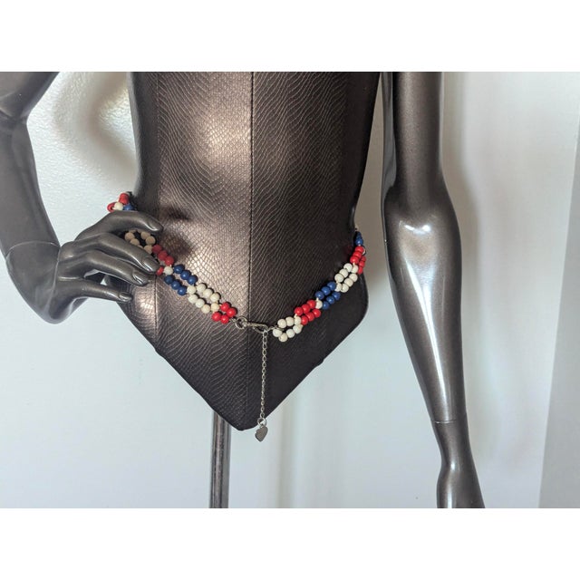 American Iconic, Early 70s Red White and Blue Painted Wooden Beaded Belt For Sale - Image 3 of 3
