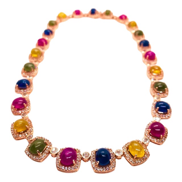 Bochic “Capri” Vintage Ruby & Sapphire Necklace Set In 18K Gold & Silver For Sale