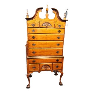 Bench Made Curly Maple 2 Piece Bonnet Top Chippendale Style Highboy For Sale