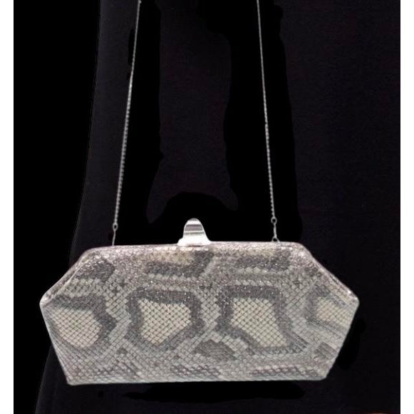 Glass 2015 Judith Leiber Couture Whitman Snakeskin Karung Metallic Clutch Shoulder Day Evening Handbag For Sale - Image 7 of 14