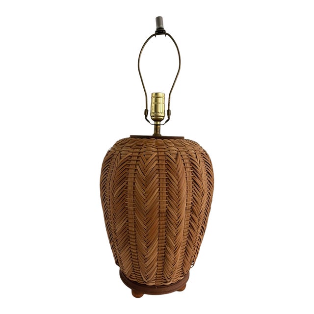 Vintage 1970s Woven Rattan Table Lamp – Sculptural Urn Form Boho Coastal For Sale