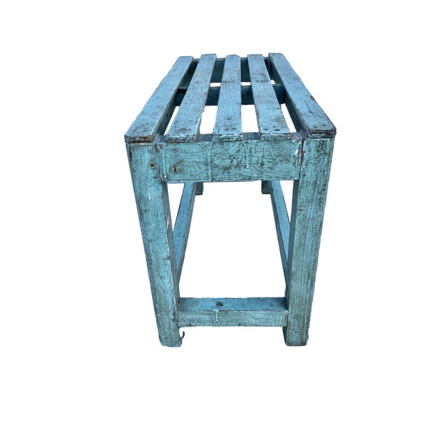 Rustic Blue Painted Bench For Sale - Image 4 of 9