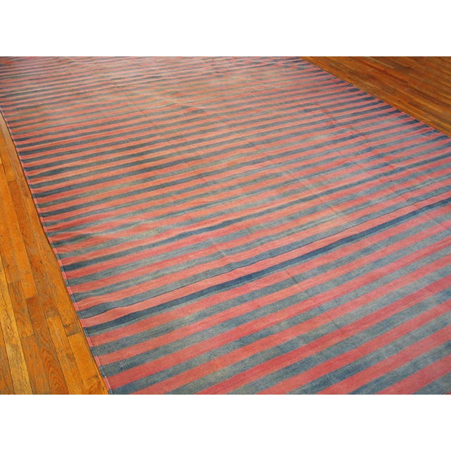 Indian Handmade Raspebery Pink and Blue Stripe Pattern Dhurrie Style Antique Indian Cotton Rug For Sale - Image 3 of 5