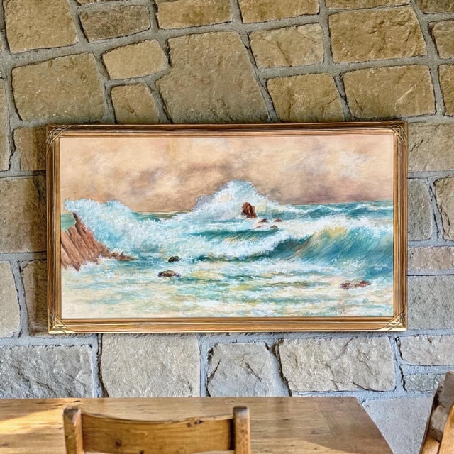 A beautiful watercolor depicting the waves crashing on a low and rustic seaside shore. Serene while capturing the power of...