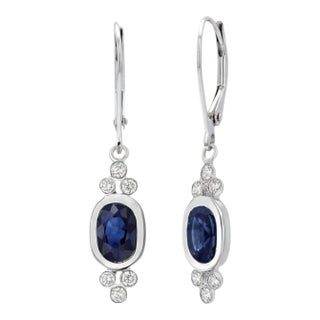 14k White Gold Oval Sapphire and Diamond Drop Earrings With Lever Backs, A Pair For Sale