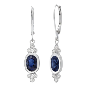 14k White Gold Oval Sapphire and Diamond Drop Earrings With Lever Backs, A Pair