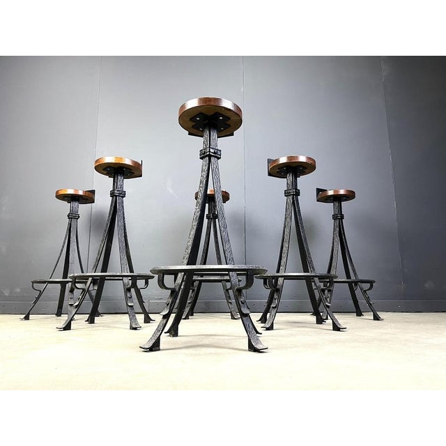 Wood Vintage Brutalist Wrought Iron Bar Stools, 1970s, Set of 6 For Sale - Image 7 of 17