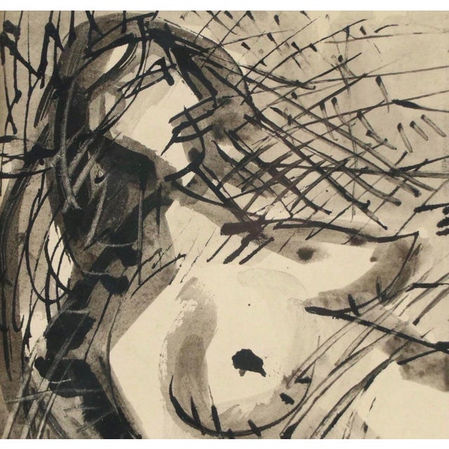 Mid-Century Modern Mid 20th Century Expressionist Ink Painting of Figure and Cat by Kazimierz Podsadecki For Sale - Image 3 of 7
