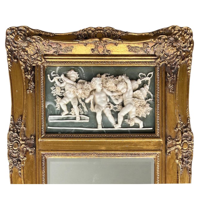 19th-C. French Neoclassical Beveled Trumeau Mirror, Cherub Bas-Relief Panel Offered for sale is an antique French...