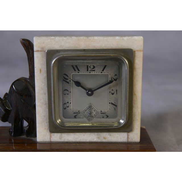 Art Deco Macassar Ebony and Marble Alarm Clock with Small Ebony Cat from Bayart, 1930s For Sale - Image 4 of 10