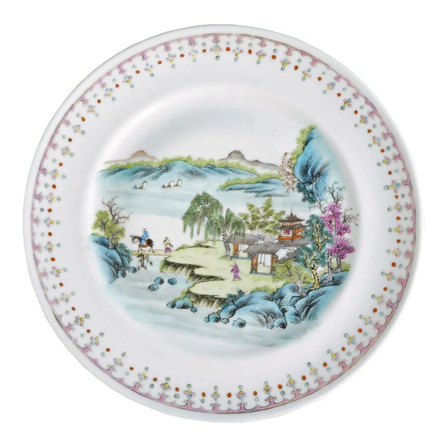 Chinese Porcelain Polychrome Cabinet Plate With Landscape Qing/Republic Period For Sale