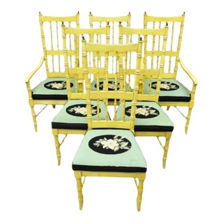 Late 20th Century Vintage Thomasville Hollywood Regency Yellow Faux Bamboo Dining Chair - Set of 6 For Sale