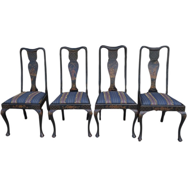 Chinoiserie Early 20th-C. Hand Painted English Queen Anne Style Chinoiserie Dining Chairs - Set of 4 For Sale - Image 3 of 7