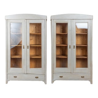 Pair, Early 20th Century Gray Painted Pine Bookcases Display Cabinets With Glass Doors For Sale