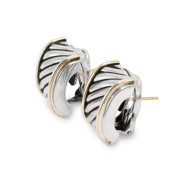 Modern David Yurman 14k Yellow Gold & 925 Silver Classics Cigar Huggie Clip-on Earrings, A Pair For Sale - Image 3 of 8