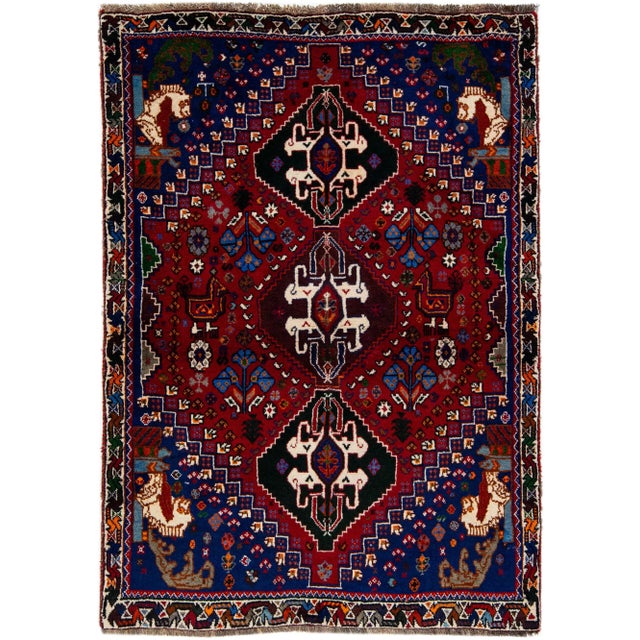 Textile 1960s Vintage Handmade Shiraz Red Geometric Wool Rug For Sale - Image 7 of 7