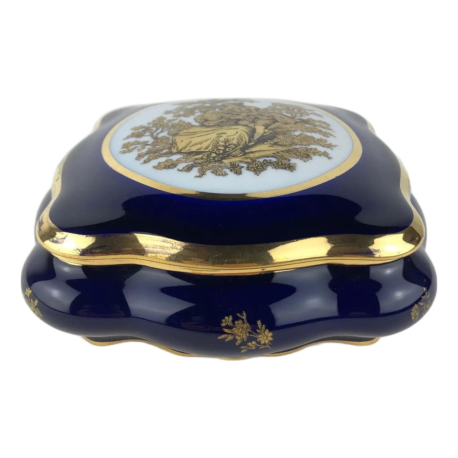 Limoges Porcelain Lidded Blue and Gold Trinket Box | Chairish