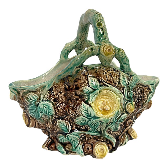 Vintage Italian Majolica Faux Bois Birds Nest Ceramic Basket Vase For Sale