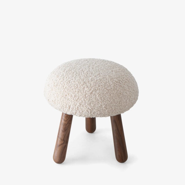 Wooly Ottoman in Natural Faux Lambswool & Walnut by Object Refinery For Sale - Image 4 of 9