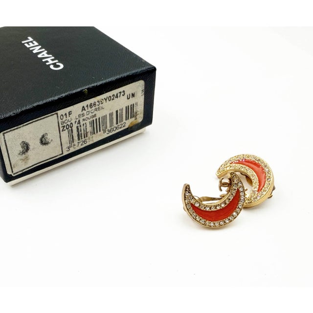 Contemporary Chanel Vintage Gold Plated CC Red Moon Crystal Clip on Earrings, A Pair For Sale - Image 3 of 5
