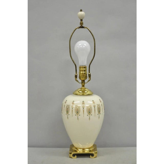 Vintage Lenox Porcelain and Brass Cream Jardinierie Decorated Table Lamp For Sale - Image 11 of 11