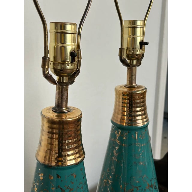 Vintage Mid-Century Modern Ceramic Table Lamps in Turquoise and Gold - A Pair For Sale - Image 4 of 8