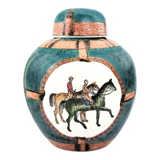 Vintage Gucci Hermes Style Chinese Porcelain Ginger Jar - Equestrian Hand Painting of a Pair of Horses on Front and on the Back- Signed For Sale