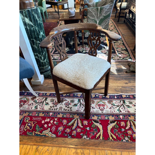 Antique Chippendale Style Walnut & Shearling Corner Desk Chair For Sale - Image 10 of 12