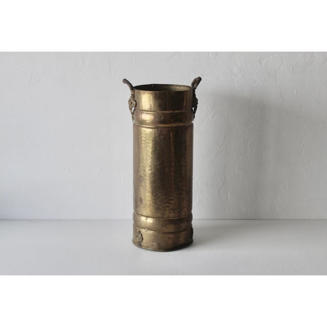 Vintage Mid-Century English Style Brass Umbrella Stand with Ornate Handles and a Hammered look. Perfect size for compact...