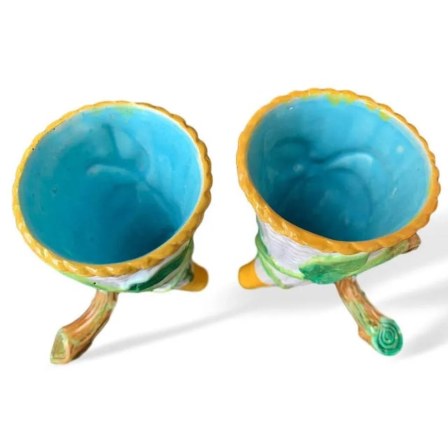 Late 19th Century George Jones Majolica Vases White Wicker, Turquoise Lined, English, 1875 - a Pair For Sale - Image 5 of 13