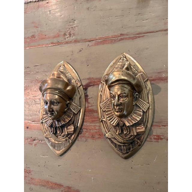 Vintage H. Vankruck Dutch Cast Brass Pierrot Jester Wall Pockets — Pair For Sale In West Palm - Image 6 of 11