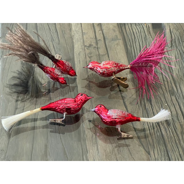 Vintage red glass silvered feathered birds figurines Christmas ornaments.