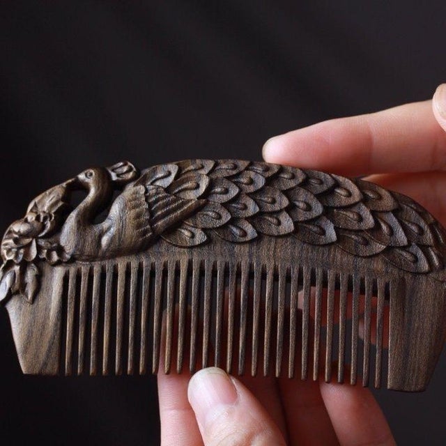 Contemporary Antique-Style Chinese Agarwood Comb With Hand-Carved Peacock Detail For Sale - Image 3 of 10