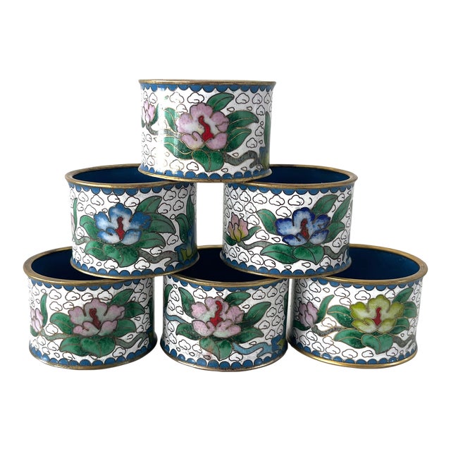 Vintage Cloisonné Napkin Rings, Set 6 For Sale