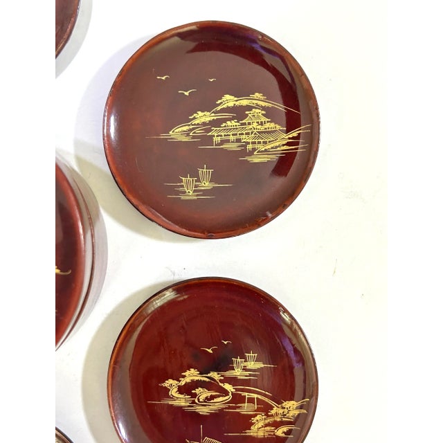 Wood 1950s Chinoiserie Lacquer Coaster Set – Vintage Asian Scenic Barware With Box For Sale - Image 7 of 10