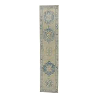 Early 21st Century Green & Blue Geometric Design Handwoven Wool Turkish Oushak Runner 2'9" X 13' For Sale