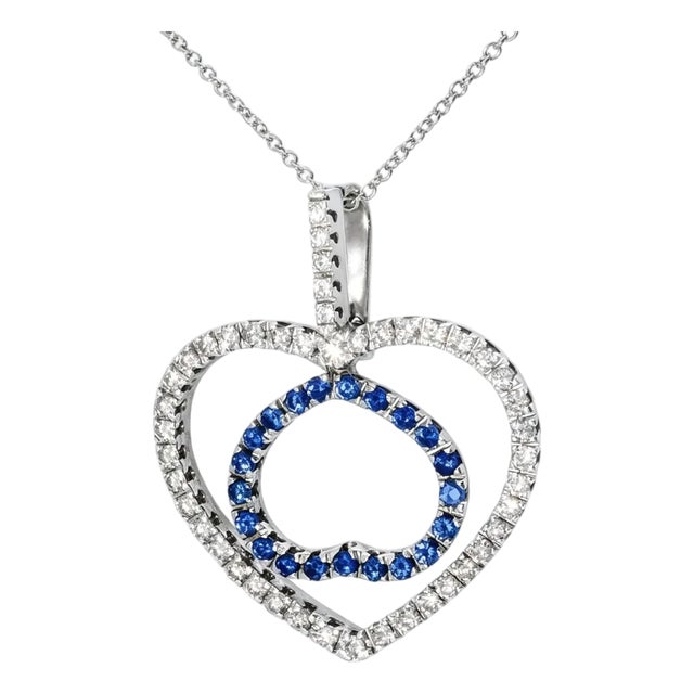 18K White Gold Double Heart Pendant with Diamonds & Sapphires For Sale