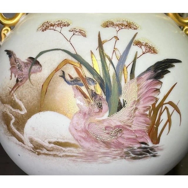 Metal Antique Royal Worcester Porcelain Dolphin Handled Gilt Vase With Pink Pelicans, 1884 #871 Aesthetic Movement For Sale - Image 7 of 14