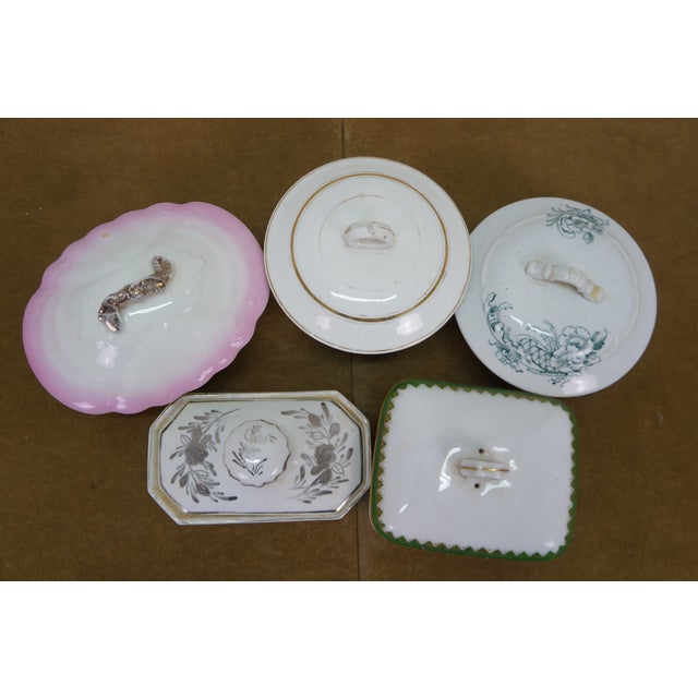 Antique Porcelain Ceramic Lidded Butter Dishes Casseroles Tureens 6" - Set of 5 For Sale - Image 9 of 18