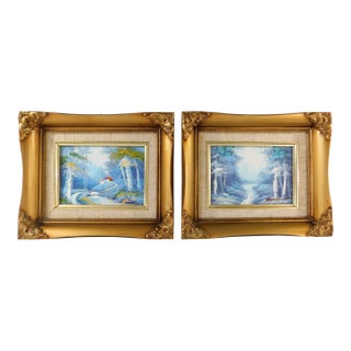 Small Pair Vintage Original Signed Oil Paintings Matching Ornate Gold Wood Frames For Sale