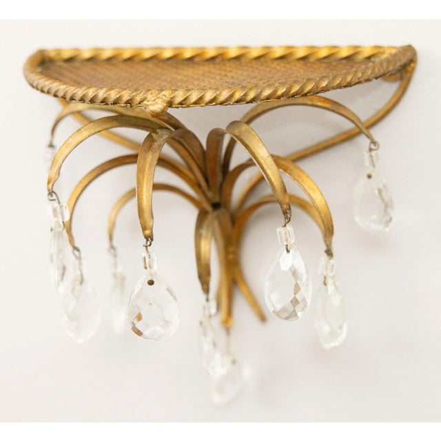 Gold Mid-Century Hollywood Regency Italian Gilt Tole & Crystals Wall Brackets Shelves - a Pair For Sale - Image 8 of 9