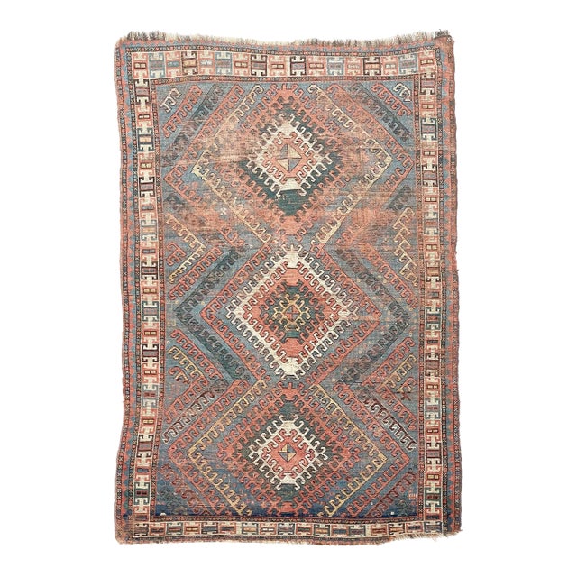 1910-20's Antique Caucasian Rug With Ram Horn Outlined Diamond Rug 4 4 X 6 4 For Sale