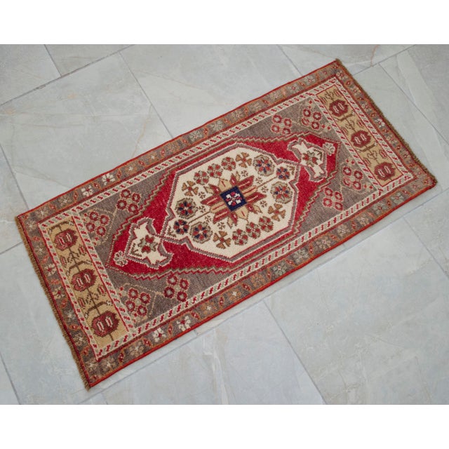 1970s Hand Made Small Turkish Rug. DoorMat Entry Decor Kitchen Mat Baht Mat - 18'' X 37'' For Sale - Image 11 of 12