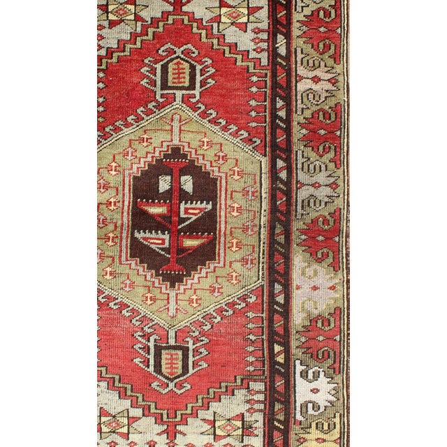 Vintage Turkish Oushak rug with geometric tribal medallion in red and green, Keivan Woven Arts/ rug # TU-DUR-3458, country...