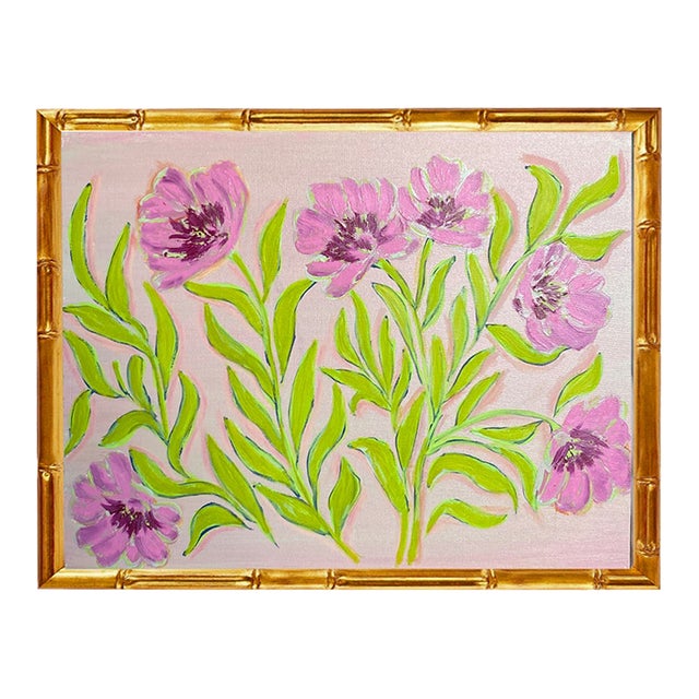 Original Framed Peony Garden Painting Pink Green Floral Wall Art Acrylic Oil on Canvas in Gold Bamboo Frame, 16x20 Botanical Boho Home Decor For Sale