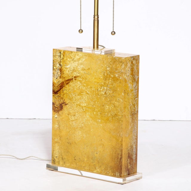 Modern Late 20th Century Modernist Pressed Lucite Table Lamp in Fractured Gold and Amber For Sale - Image 3 of 13